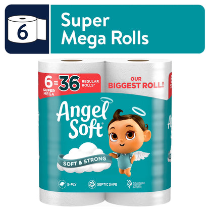 Angel Soft 2-Ply Toilet Paper, 6 Super Mega Rolls