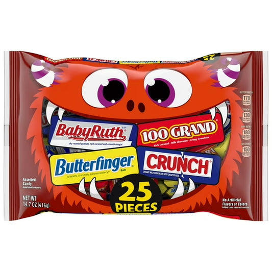 Fun Size Assorted Chocolate Candy (Butterfinger, Crunch, 100 Grand, and Baby Ruth) 25 Count Halloween 14.7oz