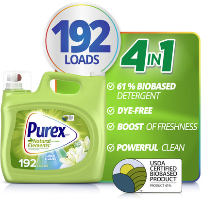 Purex Natural Elements Liquid Laundry Detergent, Linen & Lilies, 250 fl oz, 192 Loads, Value Size